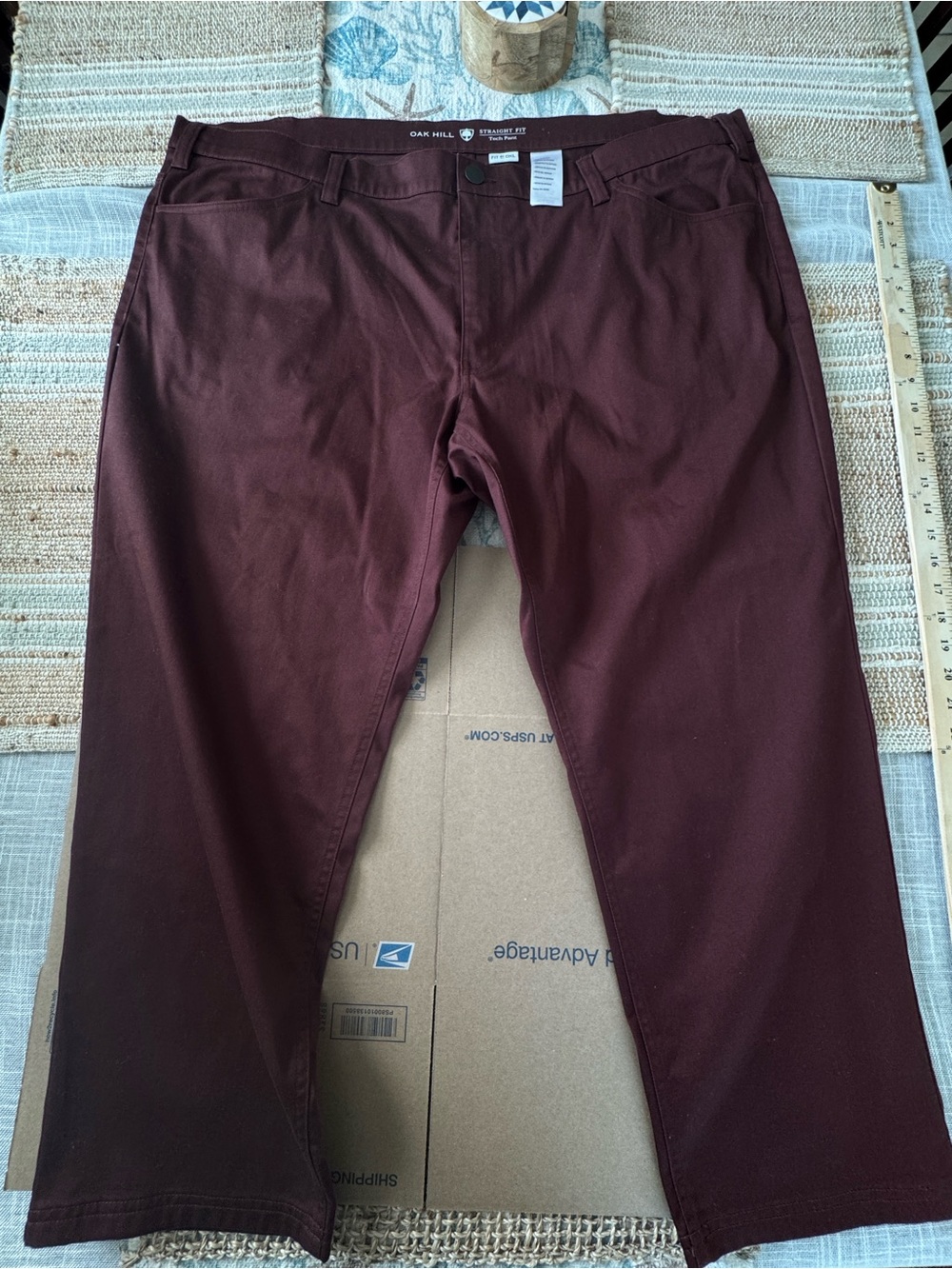 Oak Hill Men’s Tech Pants, Burgundy, Straight Fit, Flat Front, 48x27